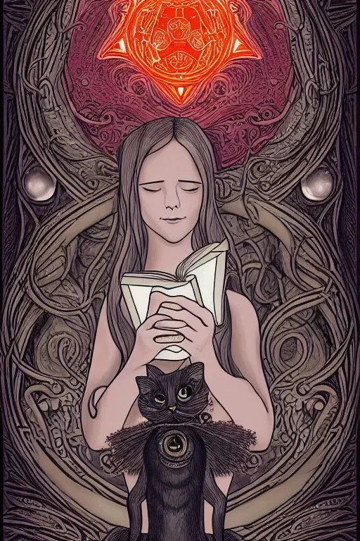 Image similar to ai illustration of romantic girl, her cat and her book of necronomicon, symmetrical, cinematic, sharp focus, 4 k, ultra hd, sense of awe, sinister demonic atmosphere, dreadful, forbidden knowledge, old gods, cthulhu, yog - sothoth! yah, yah, yah! cultist journal cover