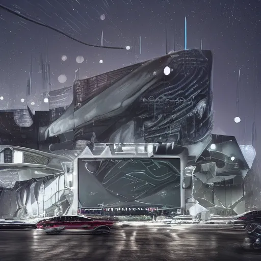 Image similar to sci-fi wall structure logotype and car on the coronation of napoleon and digital billboard in the middle in dark atmosphere by Ruan Jia Sheng Lam