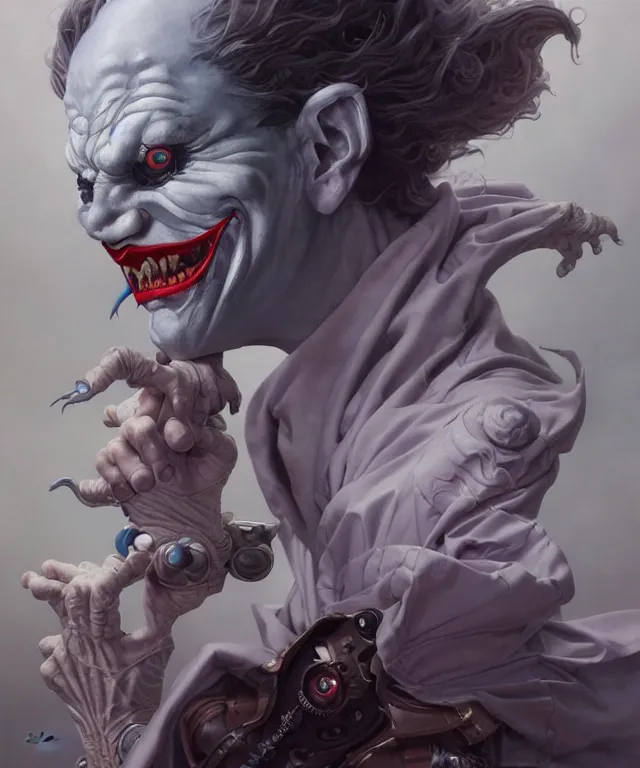 Image similar to beautiful portrait of evil fantasy baby joker, ultra realistic, wide angle, intricate details, the fifth element artifacts, highly detailed by peter mohrbacher, hajime sorayama, wayne barlowe, boris vallejo, aaron horkey, gaston bussiere, craig mullins