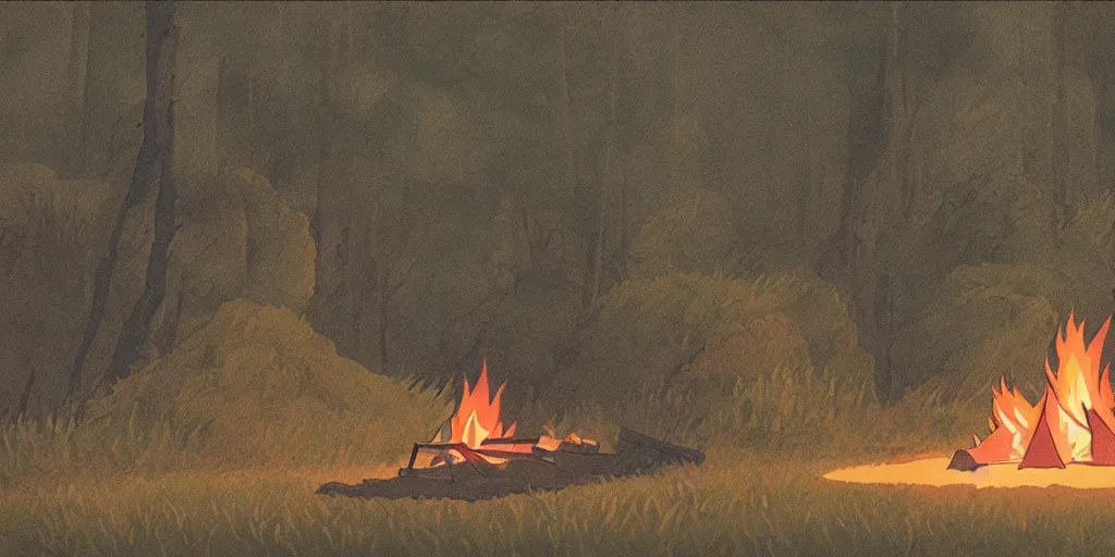 Prompt: award - winning movie still, landscape, dark forest, campfire, by studio ghibli,