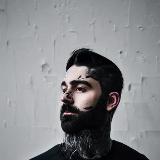 Prompt: bust portrait of handsome proud man with short black hair with some grey hair, very short full beard warrior, cyberpunk, fashion editorial photography, neon color scheme, waist up, low angle