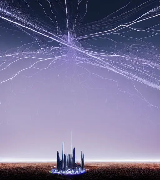 Image similar to surreal neuron city tower, only a flash of light breaking the waves, made of crystalized synapse, aerial iridecent bloodveins, moonbow, in the desert, foggy sky, dark starry night, octane render, unreal engine, pale colors, high detail, 8 k, wide angle, trending on artstation, behance