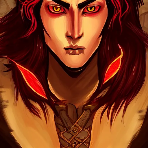 Prompt: dnd character illustration of a tanned half - elf with messy short red hair and golden eyes with slit pupils, androgynous, feral, glowing, golden hour