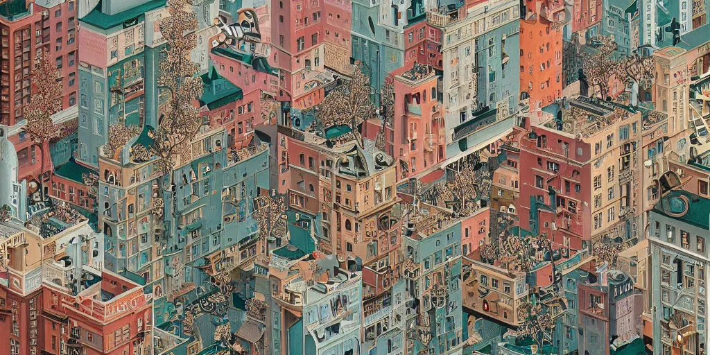 Image similar to A cityscape illustrations, by Wes Anderson, hyper detailed, intricate