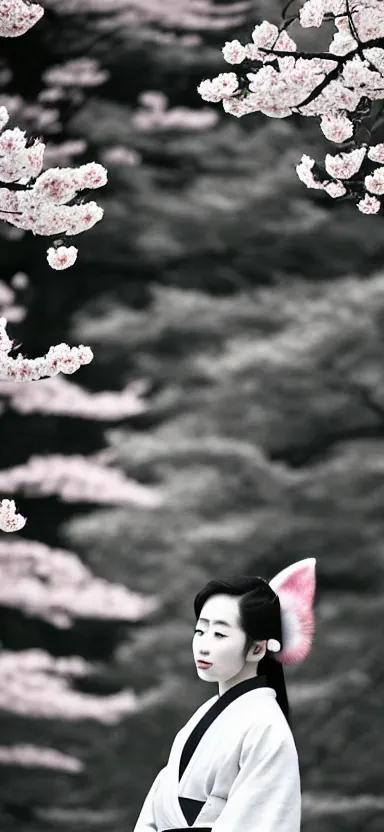 Image similar to “ a portrait photo of a young asian woman with fox ears wearing kimono at a sakura tree, side shot, by shunji dodo, 8 k resolution, black and white photo, high quality ”