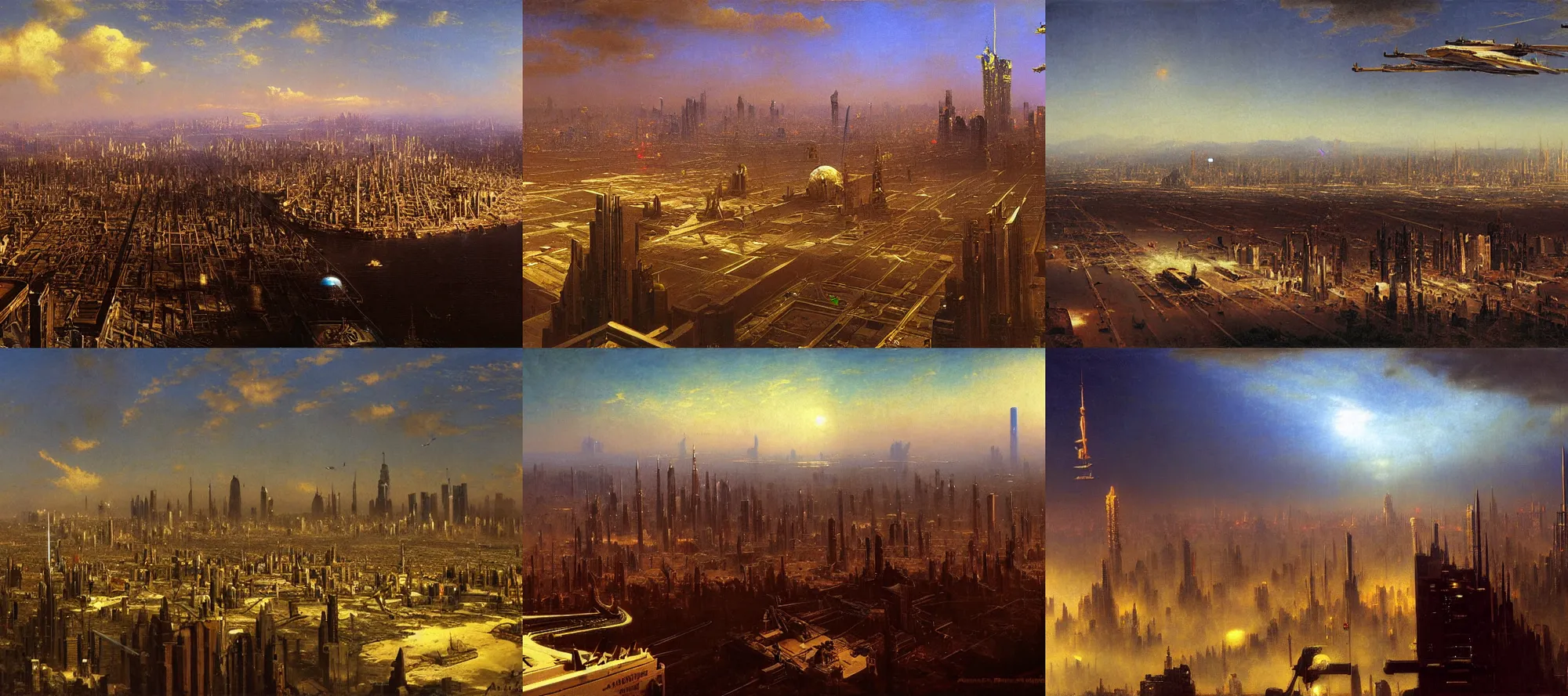 Prompt: coruscant, cyberpunk, overhead view, distance shot, painting by albert bierstadt