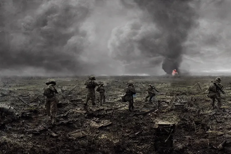 Prompt: desolate battleground, multiple soldiers on the ground!, thick dark smoke!, vehicles on fire, heavy rain from thick clouds, storm, (mushroom cloud) in the background, bleak, melancholy atmosphere, band of brothers, 4k artwork by Gregory Crewdson and Grzegorz Domaradzki and Ivan Shishkin and Jakub Rozalski