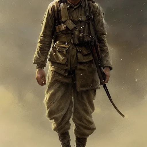 Image similar to a dramatic epic ethereal portrait of a WWII soldier, young male, detailed face, cinematic lighting, highly detailed oil on canvas painting by Greg Rutkowski, winning-award digital art trending on Artstation H 1024 W 832