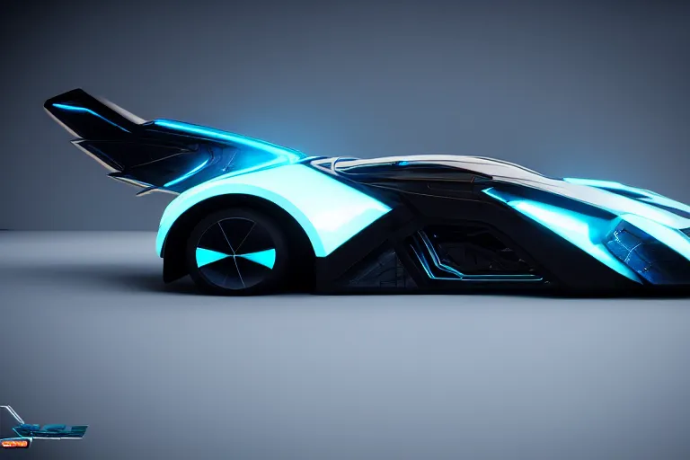 Image similar to cyberpunk batmobile concept inspired sports car, futuristic look, highly detailed body, very expensive, photorealistic camera shot, bright studio setting, studio lighting, crisp quality and light reflections, unreal engine 5 quality render