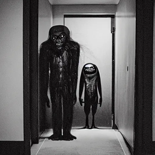 Image similar to a flash photo of creepy wendigo with an unnatural smile standing in a vantablack hallway from a horror movie, it is deformed and is staring at the camera from the end of a dark liminal hallway. caught on vhs, film grain, national geographic award winning photography,