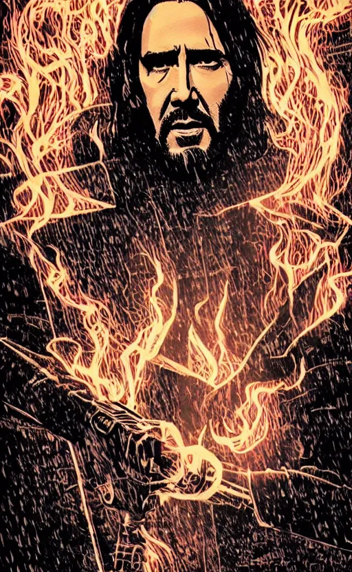 Prompt: nicolas cage as john wick in the rain, dramatic lighting, style of mcbess + Laurie Greasley + Satoshi Kon, symmetric lights and smoke, psychedelic effects, glowing particles, neon rain