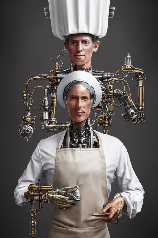 Image similar to a beautiful ultradetailed vintage photo of a futuristic cybernetic cyborg male wearing a tall white chef hat and an apron, by tom bagshaw and anna dittman, portrait, 3 5 mm lens, golden ratio composition, detailed face, studio photography, very detailed, humanoids, industrial robots, artstation, 8 k, highly coherent