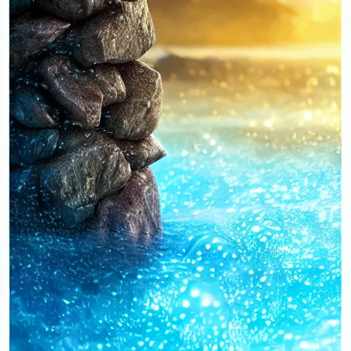 Image similar to a closeup photorealistic photograph of a rock tower with water drops, fantastic four theme.. bright scene. fine detail. this 4 k hd image is trending on artstation, featured on behance, well - rendered, extra crisp, features intricate detail, epic composition and the style of unreal engine.