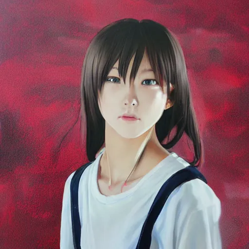 Image similar to a high detail portrait of high school girl by makoto sinkai, in simple background, CLIP STADIO, mad painting