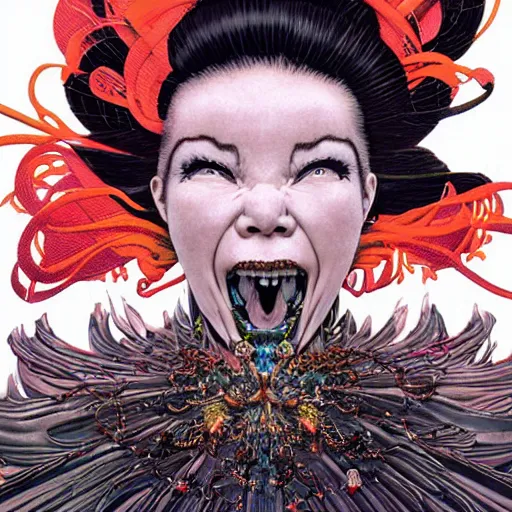 Image similar to portrait of crazy screaming beautiful singer bjork, big ribbon, ymmetrical, by yoichi hatakenaka, masamune shirow, josan gonzales and dan mumford, ayami kojima, takato yamamoto, barclay shaw, karol bak, yukito kishiro