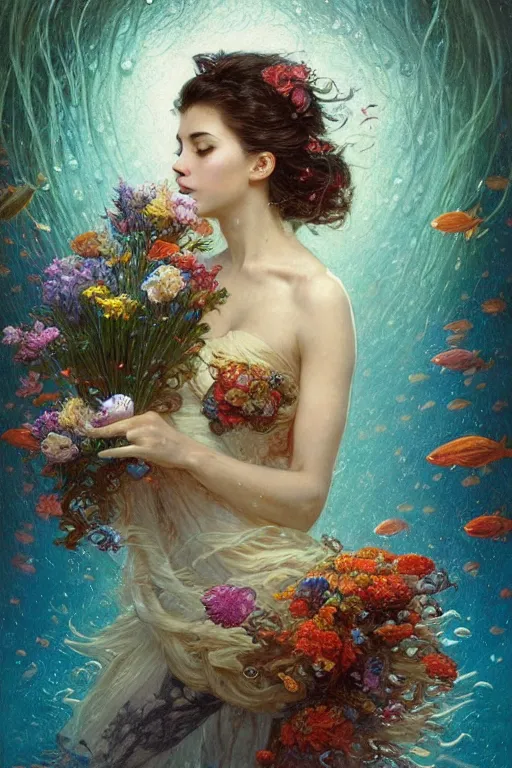 Image similar to portrait of a beautiful mysterious woman holding a bouquet of flowing flowers, hair flowing upwards, small bubbles from her mouth, hands hidden under the bouquet, submerged underwater filled with colorful small fish and coral reef, fantasy, regal, intricate, by stanley artgerm lau, greg rutkowski, thomas kindkade, alphonse mucha, loish, norman rockwell