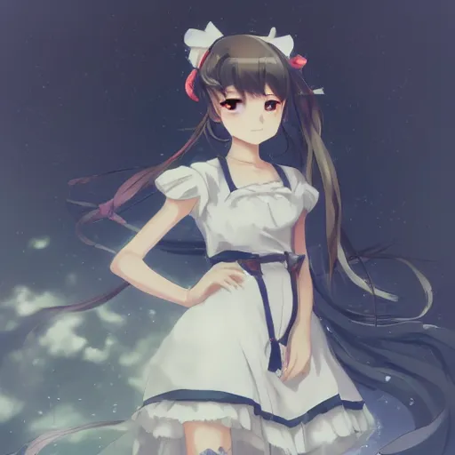 Image similar to anime girl wearing a maid dress, anime style, gorgeous face, by makoto shinkai, by wenjun lin, digital drawing, video game art