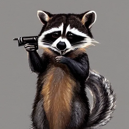 Image similar to a raccoon dressing up as a squirrel holding a gun, concept art, very detailed