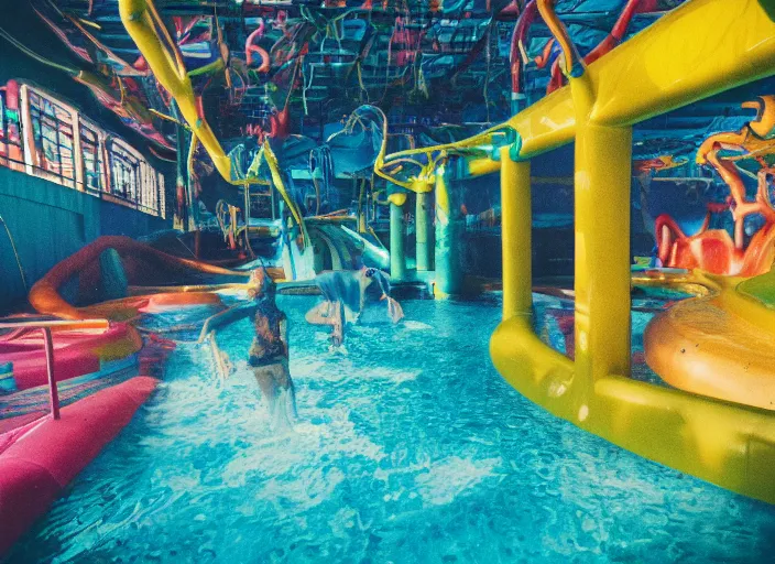 Image similar to polaroid photo of an abandoned colorful indoor water park with strange creatures lurking