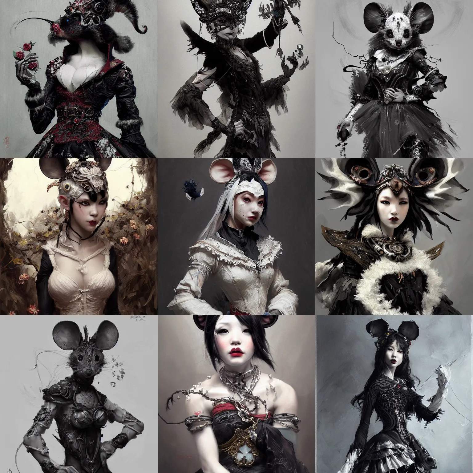 Prompt: masterpiece painting by WLOP, sakimichan and Ross Tran of an intricate humanoid black and white mouse wearing jester clothes, highly detailed, sharp, color graded, featured in Artstation, inspired by Greg Rutkowski, cgsociery