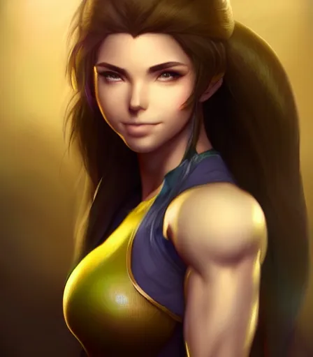 Image similar to beautiful portrait of a gorgeous personal trainer who looks like Palutena , character design by charlie bowater, ross tran, artgerm, and makoto shinkai, detailed, soft lighting, rendered in octane