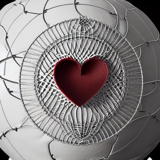 Image similar to complex 3d render ultra-detailed of a leather basketball in the shape of a heart, sacred heart with net around it like thorns, 150 mm, beautiful natural soft light, rim light, silver gold details, maze like, mesh wire, intricate details, hyperrealistic, ultra detailed, mandelbrot fractal, anatomical, white metal neocubism armor, elegant, octane render, H.R. Giger style, 8k
