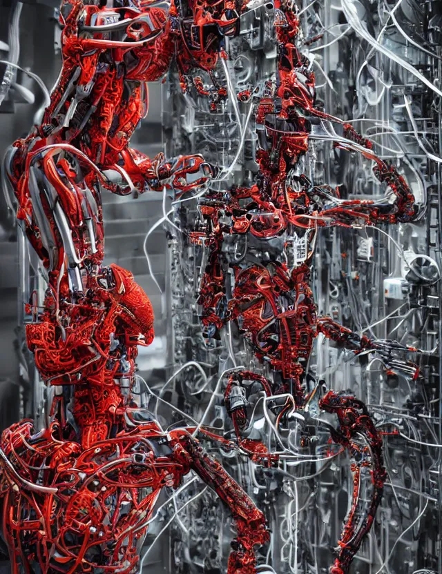 Image similar to cyborg in the data center, wired to the equipmen, red biomechanical details, wearing epic bionic cyborg implants, inflateble shapes, masterpiece, intricate, biopunk, highly detailed, artstation, concept art, cottage core, cinematic focus, polaroid photo, bleached, vintage, high - key lighting, soft lights, foggy, by tarkovsky, 8 k