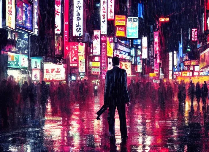 Image similar to cinematic shot of John Wick walking on the streets of Tokyo, rainy streets, neon lights, LEDs, concept art oil painting by Jama Jurabaev, extremely detailed, brush hard, artstation