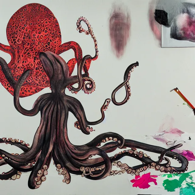 Image similar to empty room with black walls, a portrait of a female pathologist, octopus, mural, wilted flowers, squashed berries, neo - expressionism, surrealism, acrylic and spray paint and oilstick on canvas