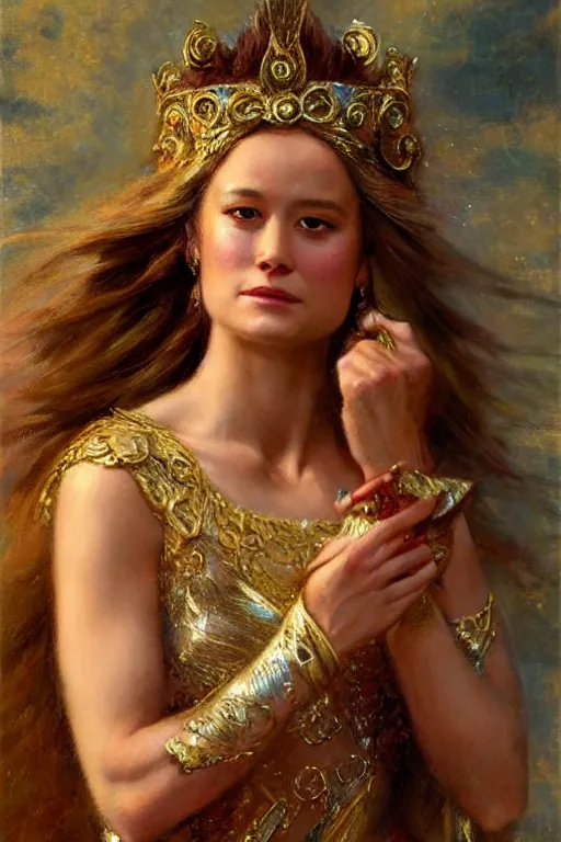 Image similar to portrait of brie larson as a greek goddess. art by gaston bussiere.