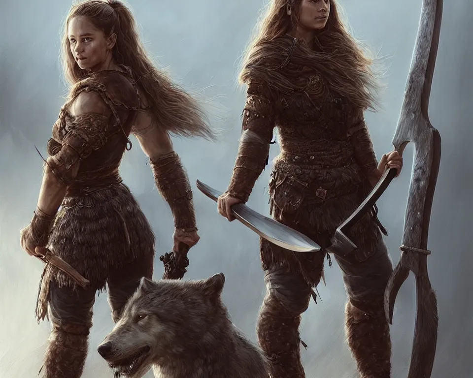 Prompt: gorgeous!! hyper - realistic woman resembling alicia vikander as a battle - worn viking warrior wielding a giant axe | standing next to a dire wolf | intricate, highly detailed, digital painting, character design, character concept art | drawn by wlop, drawn by jeehyung lee, drawn by artgerm, drawn by peter kemp