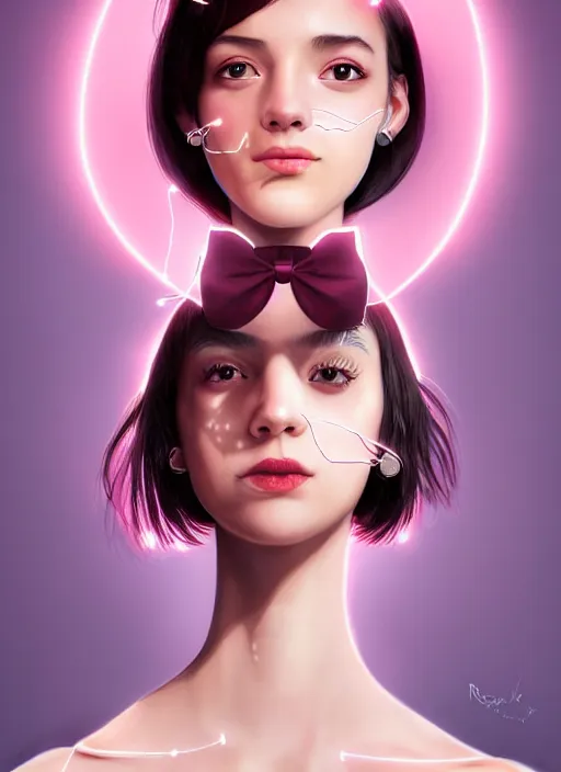 Image similar to portrait of high school girl, realistic, black hair, bangs, half updo hairstyle, pointy nose, skinny, smile, ugly, defined jawline, big chin, pink hair bow, earrings, intricate, elegant, glowing lights, highly detailed, digital painting, artstation, sharp focus, illustration, art by wlop, mars ravelo and greg rutkowski