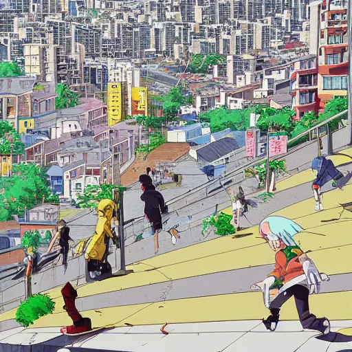 Image similar to city street, sloped street, city on tall hillside, street scene, rollerbladers grinding on rails, skaters, rollerskaters, cel - shading, 2 0 0 1 anime, flcl, jet set radio future, golden hour, japanese town, concentrated buildings, japanese neighborhood, electrical wires, cel - shaded, strong shadows, vivid hues, y 2 k aesthetic