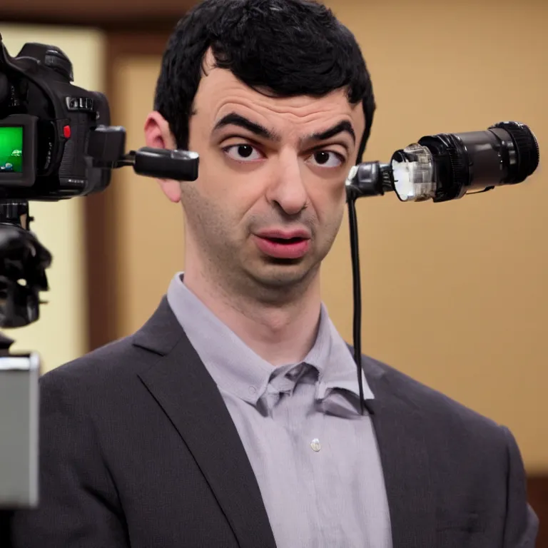 Prompt: focused dslr photograph of nathan fielder from nathan for you on comedy central controlling a puppet version of himself filmed by a tv crew on a stage, high detail!!! 8 k photorealism sharp focus volumetric lighting, coherent!!! art directed, rule of thirds, face