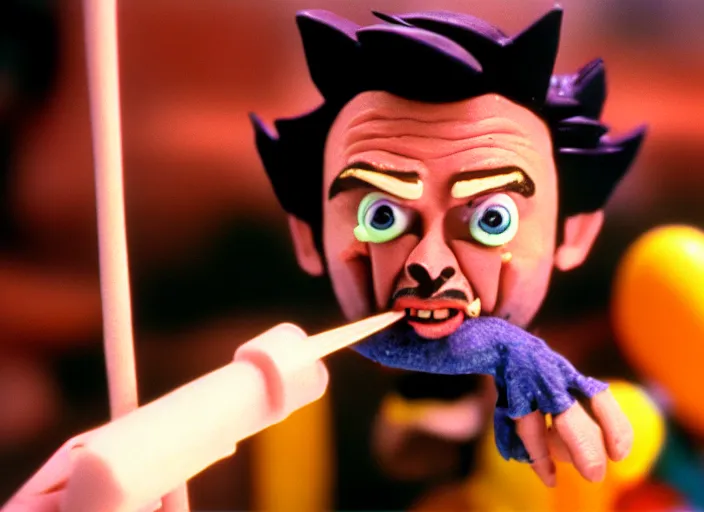 Image similar to 1 9 8 0 s cinematic screenshot cinestill portrait of a stop motion claymation film about a wacky adventure starring wolverine, shallow depth of field, 1 8 mm, f 1. 8