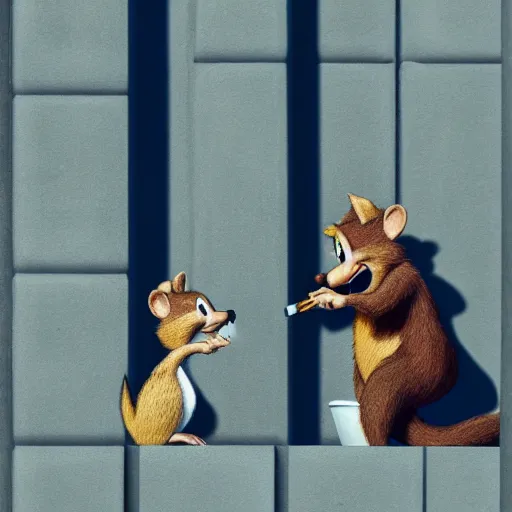 Prompt: realistic macro photo of Chip and Dale smoking, winter, brutalist houses at the background