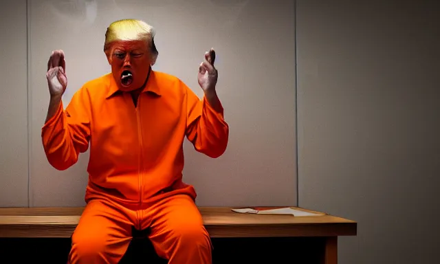 Image similar to full shot of donald trump wearing an orange jump suit, crying in a dirty jail cell in guantanamo, photograph, realistic, dramatic lighting