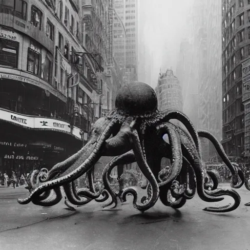 Image similar to old black and white photo, 1 9 1 3, depicting a giant alien dieselpunk octopus rampaging through the bustling streets of new york city, historical record