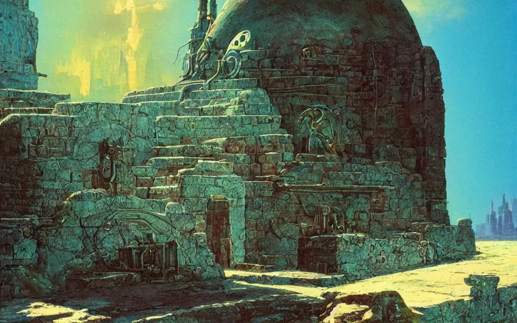 Image similar to ancient tomb made of iridescent metal, alien (hostile) architecture, award winning oil painting by Bruce Pennington, midnight color palette