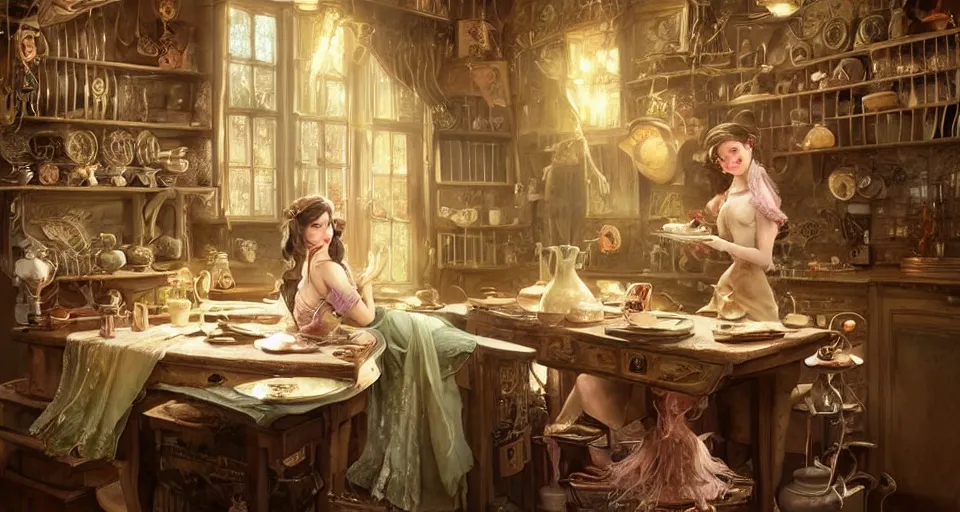 Image similar to a portrait of a fairy in a vintage magical kitchen, with one vintage book on a table, with a fireplace in the background d & d, fantasy, intricate, elegant, highly detailed, digital painting, artstation, concept art, smooth, sharp focus, illustration, art by artgerm and greg rutkowski and alphonse mucha