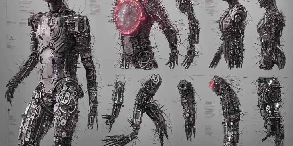 Image similar to four arms futuristic distopic detroy cyberpunk hellraiser tattoo cyborg clean design by apple , character sheet, Moebius, Greg Rutkowski, Zabrocki, Karlkka, Jayison Devadas, Phuoc Quan, trending on Artstation, 8K, ultra wide angle, zenith view, pincushion lens effect.