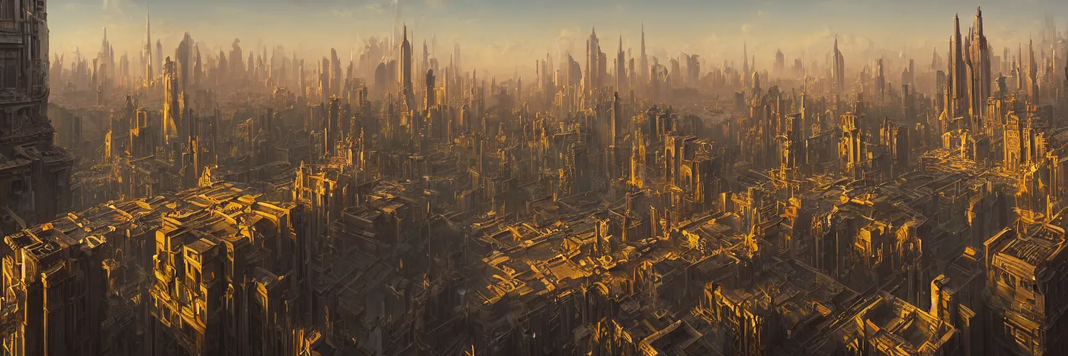 Image similar to an extensive matte painting with high detail, ground level, sci - fi colorful victorian megacity at golden hour with sharp shadows by tyler edlin and sparth, 4 k, vray, art nouveau influences. roger deakins, cinematic cinematography.