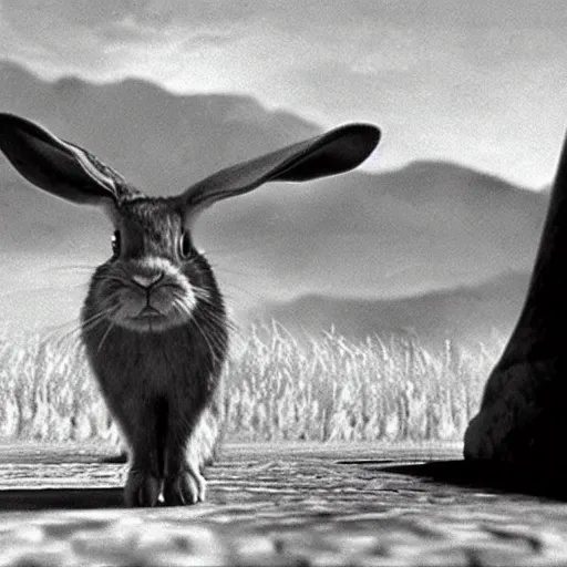 Image similar to photorealistic photo of a rabbit in the seven samurai, film still,