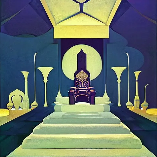 Image similar to an illustration of a throne room, by nicholas roerich, by frank frazetta by georgia o keeffe by frederick william elwell, by hans emmenegger, by eyvind earle highly detailed, realistic, outline, line work, fantasy, oriental, stylised flat colors, animation