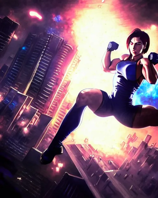 Image similar to gigachad jill valentine bodybuilder jumping in front of a atomic blast fighting wearing a suit in the fight club city, fantasy character portrait, ultra realistic, anime key visual, full body concept art, intricate details, highly detailed by greg rutkowski, ilya kuvshinov, gaston bussiere, craig mullins, simon bisley