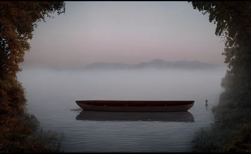 Image similar to a strange lake directed by charlie kaufman ( 2 0 0 1 ) anamorphic lenses, foggy volumetric light morning, a sad lonely row boat in the center, cinematic trending on artstation in the style of greg rutkowski