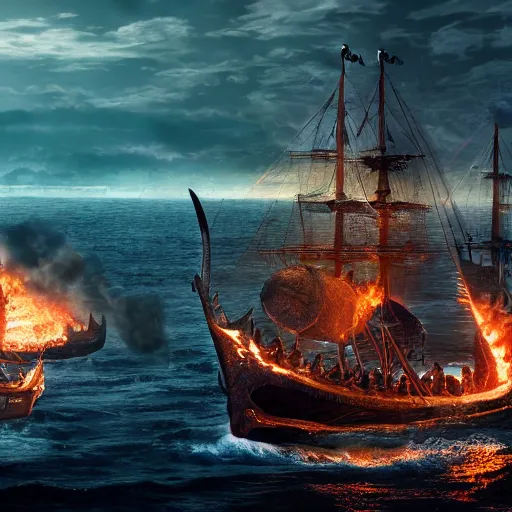 Image similar to An Epic viking sea battle at night, fire and smoke, realistic 4k octane beautifully detailed render, 4k post-processing, highly detailed, intricate complexity, epic composition, magical atmosphere, cinematic lighting, masterpiece, ultra hd