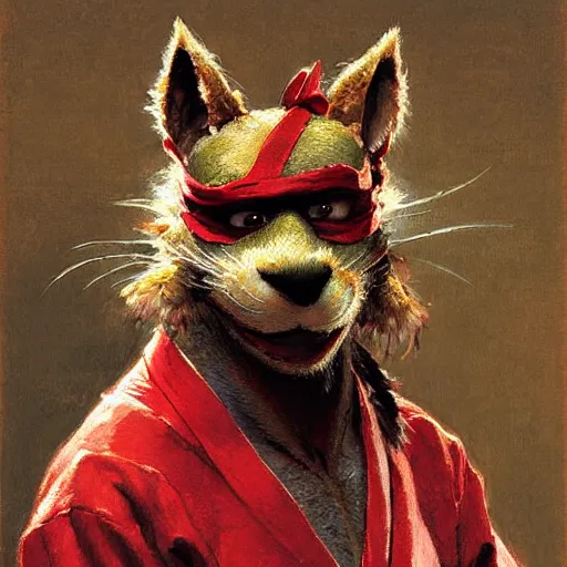 Image similar to a portrait of a furry splinter from tmnt wearing a red kimono, hairy, furry body, furry arms, feet, tail. highly detailed painting by gaston bussiere, craig mullins, j. c. leyendecker, furry