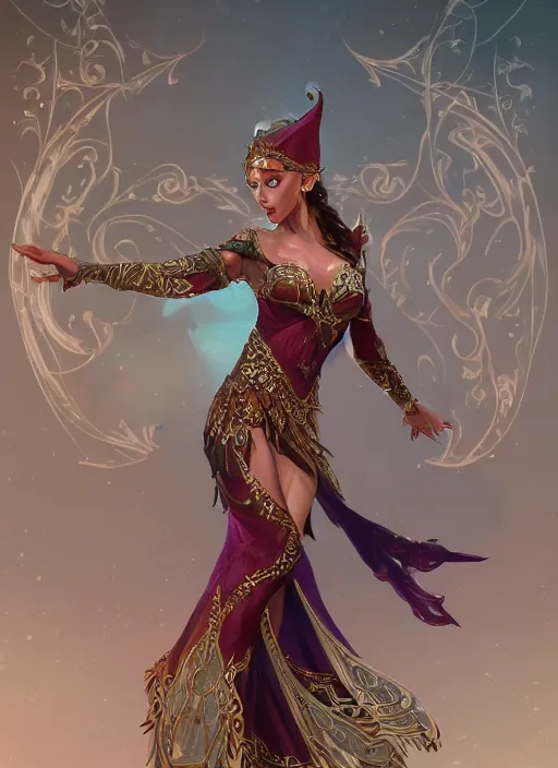 Image similar to a highly detailed illustration of an elegant elf arabian dancer, gracefully belly dancing pose, waving arms, intricate, elegant, highly detailed, centered, digital painting, artstation, concept art, smooth, sharp focus, league of legends concept art, WLOP