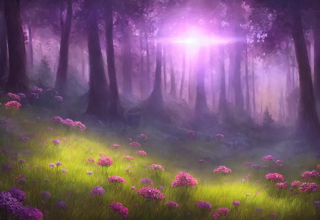 Prompt: a meadow with glowing flowers an forest behind it, night time, epic fantasy, detailed, intricate, digital painting, concept art, realistic, smooth, focus, rim light